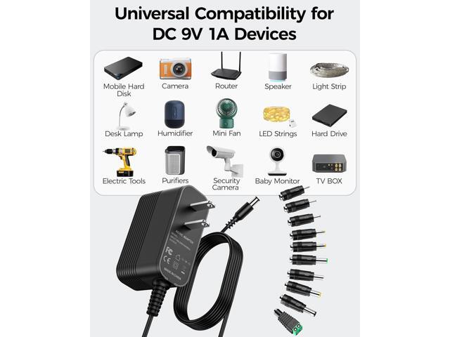 9V Power Supply AC Adapter DC 9V Power Cord Universal Power Adapter with 10 Interchangeable Jacks Compatible with 1000mA 900mA 800mA 700mA 600mA...