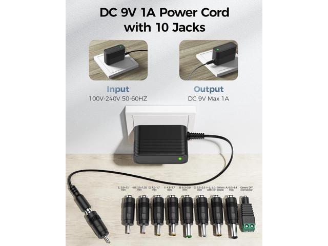 9V Power Supply AC Adapter DC 9V Power Cord Universal Power Adapter with 10 Interchangeable Jacks Compatible with 1000mA 900mA 800mA 700mA 600mA...