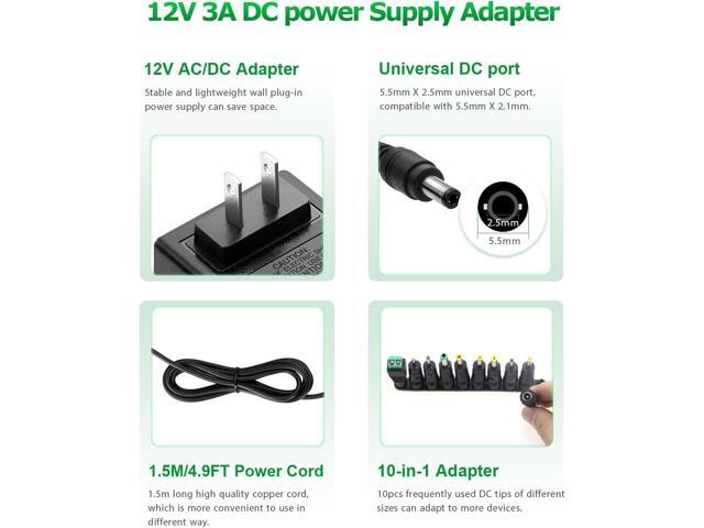 12V 3A Power Supply Adapter 36W ac/dc Charger AC 100V-240V to DC 12Volt 3amp Power Cord 12V 2.5A 2A 1.5A 1A 800mA 500mA for Security Camera BT...
