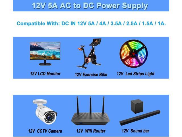 TKDY 12V 5A Monitor Power Supply Cord, 12 Volts 5A 4A 3A AC DC Adapter, Compatible with 12Vdc LCD Monitor, DC12V CCTV Security Cameras, 12Volts LED...