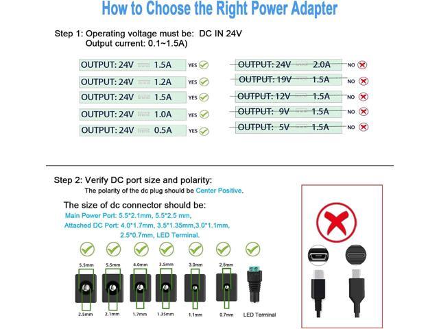 TKDY 24V 1.5A DC Power Supply Cord, Input AC 100-240V to Output DC 24 Volts Power Adapter, Compatible with 24Vdc 1.5A 1A 0.5A 500mA Led Strip Light...