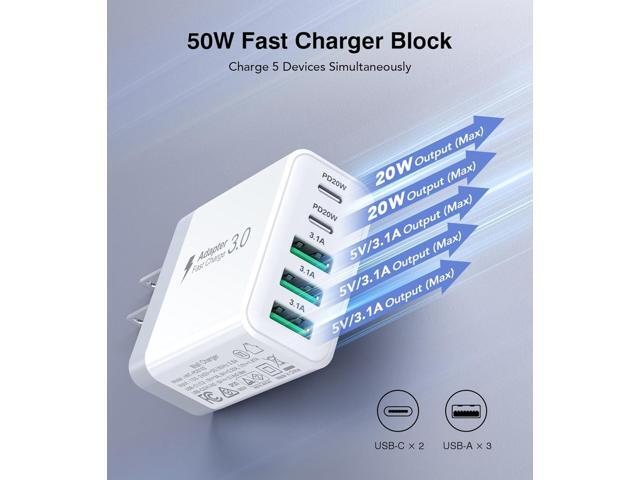 USB C Charger Block, [2-Pack] 50W 5-Port USB C Wall Charger Type C Fast Charging Blocks Cube, Multiple Ports PD Power Adapter QC Wall Plug for...