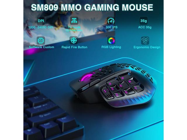 SOLAKAKA SM809 Pro Gaming Mouse with 9 Side Buttons,24000 DPI RGB Mouse for Gamer,16 Programmable Macros MMO Mouse,Black
