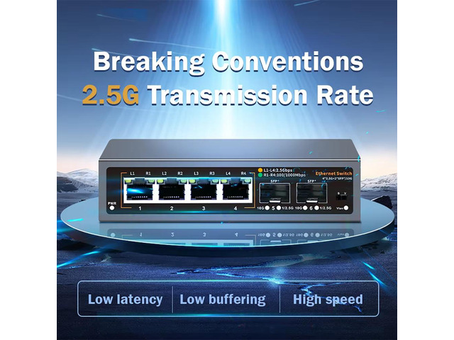 TelDaykemei 2.5Gbps Ethernet Switch 4 Port 2500Mbps Network Switcher 2 Port 10G SFP+ Slot Home Lab Hub Internet Splitter Plug and Play