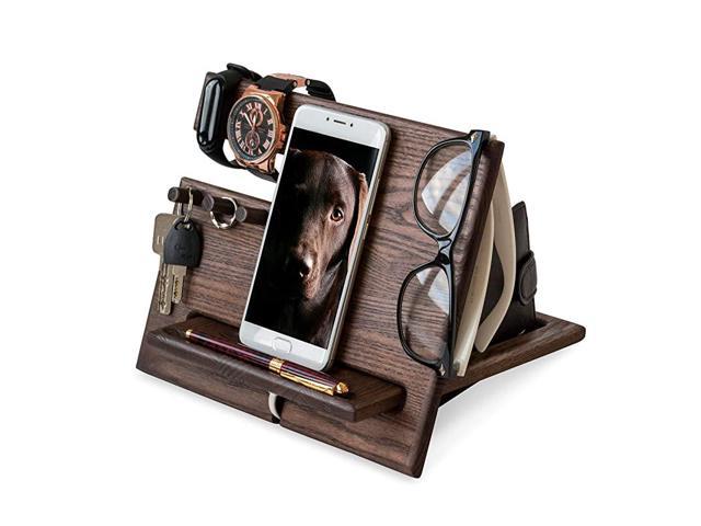 Wood Phone Docking Station Ash Hooks Key Holder Wallet Stand Watch Organizer Men Gift Husband Wife Anniversary Dad Birthday Nightstand Purse Tablet. (Electronics Audio Audio Accessories) photo