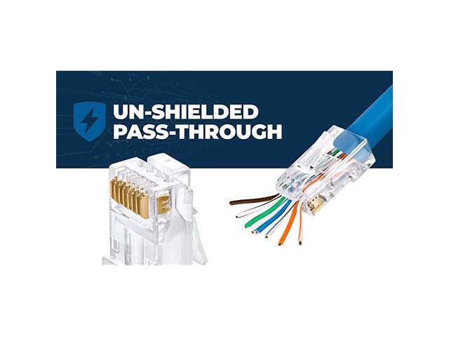 RJ45 Cat6/6a Pass Through Connectors for a Thick 23 AWG Large Diameter UTP Network Cable, 100 Pcs Insert Guides Included