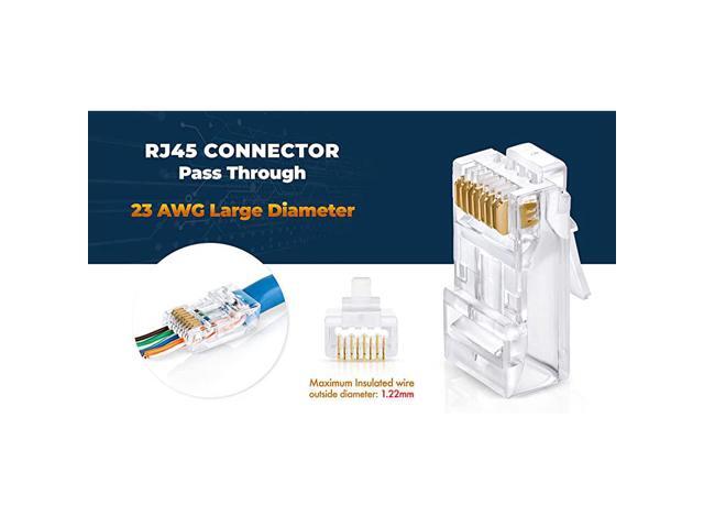 RJ45 Cat6/6a Pass Through Connectors for a Thick 23 AWG Large Diameter UTP Network Cable, 100 Pcs Insert Guides Included