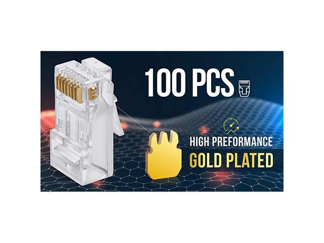 RJ45 Cat6/6a Pass Through Connectors for a Thick 23 AWG Large Diameter UTP Network Cable, 100 Pcs Insert Guides Included