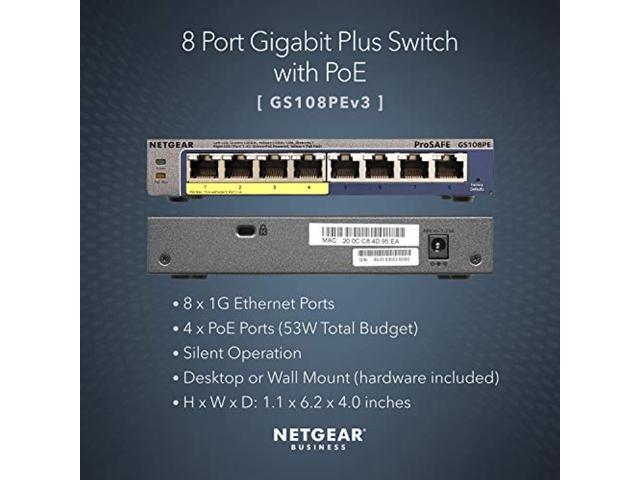 8-Port Poe Gigabit Ethernet Plus Switch (Gs108pev3)Managed, With 4 X Poe @ 53W, Desktop Or Wall Mount, And Limited Lifetime Protection