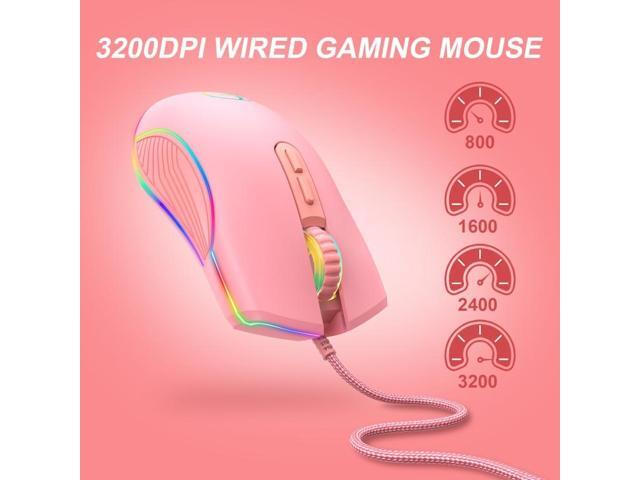E32 7 Keys 3200 DPI Pink Girls RGB Glowing Wired Mouse Gaming Mouse, Interface: Type-C Type-C