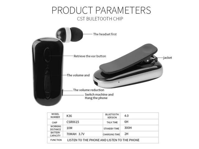 K36 Stereo Wireless Bluetooth Headset Calls Remind Vibration Wear Clip Driver Auriculares Earphone(Black) (Black)