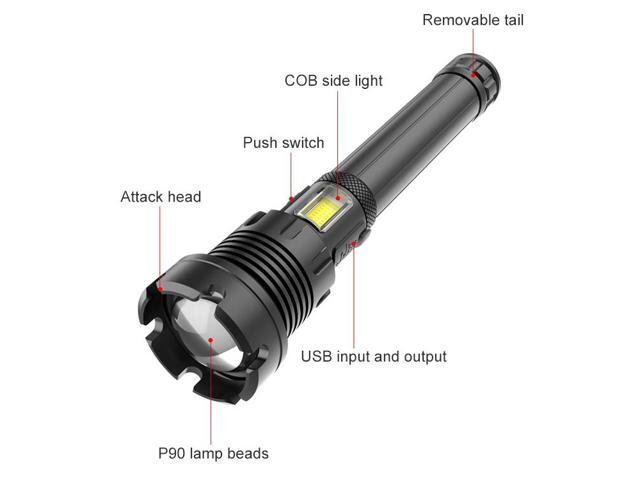 Long Style Micro USB Charging Outdoor Waterproof P90 + COB LED Flashlight, Support Power Display & Telescopic Focusing & 7-level Brightness Adjustment