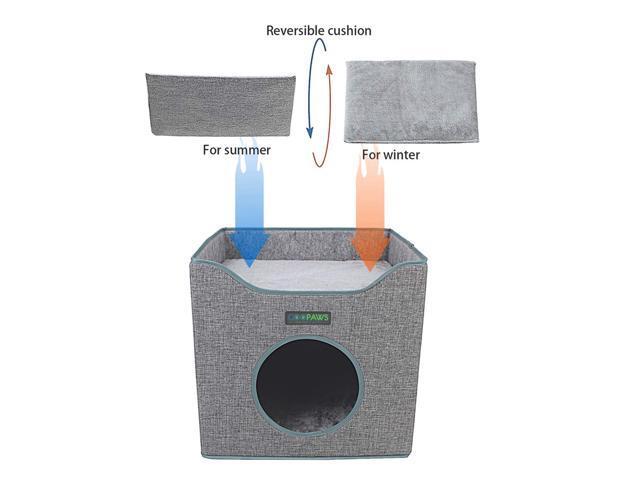 GOOPAWS Foldable Cat Condo Bed, Cat Cube House & Sleeping Bed with Lying Surface and 2 Reversible Cushions, Cat Hiding Place, Cat Cave, Linenette...