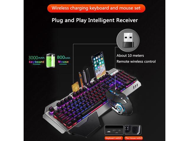 Wireless Gaming Keyboard Mouse and Bluetooth Headset Kit, Rainbow Backlit Rechargeable Ergonomic Metal Mechanical Feel Keyboard with Removable Palm...