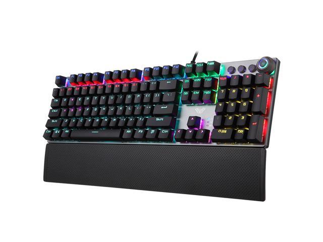 Gaming Mechanical Keyboard, LED Backlit Metal Panel 104 Anti-ghosting Keys, Blue Switches, Magnetic Wrist Rest, Media Control Knob Buttons, Good.