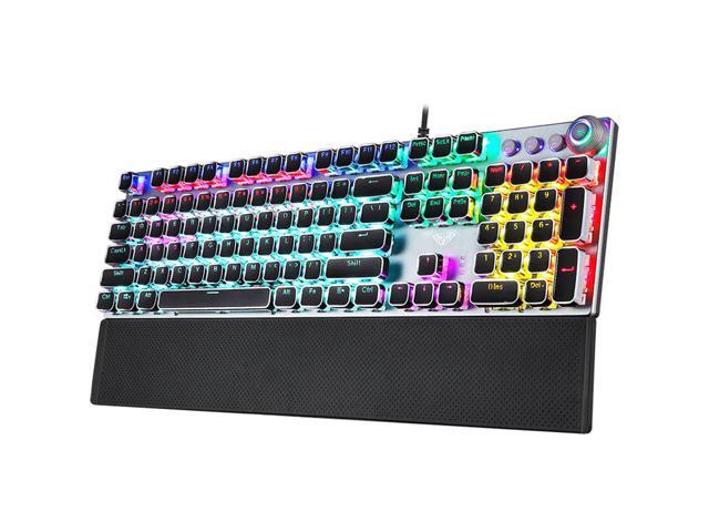 Mechanical Gaming Keyboard, LED Backlit Metal Panel 104 Anti-ghosting Keys, Blue Switches, Magnetic Wrist Rest, Media Control Knob Buttons, Good.