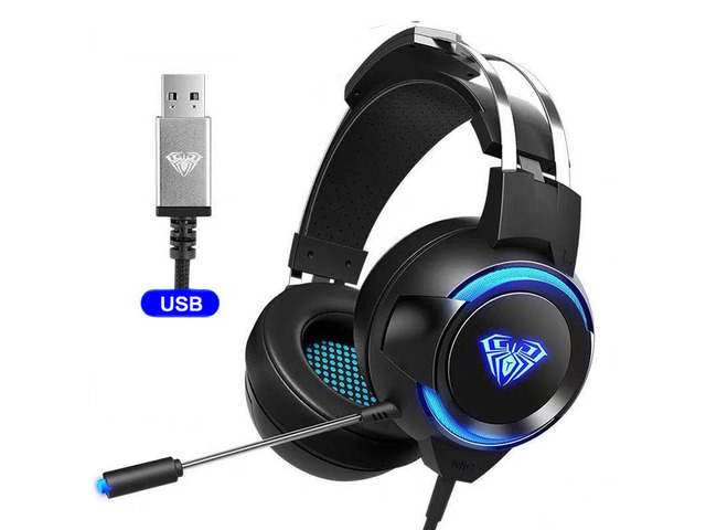 USB Pro Gaming Headset - 7.1 Surround Sound Headphones with Noise Cancelling Mic for PC Laptops, LED Lights