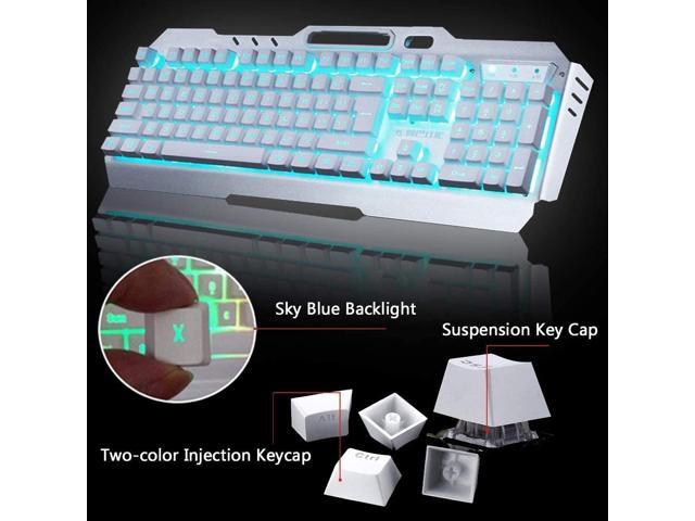 Wireless Gaming Keyboard and Mouse with Blue Backlit Rechargeable Metal Panel Mechanical Feel Ergonomic Keyboard and Mouse for Laptop PC Gamer, White