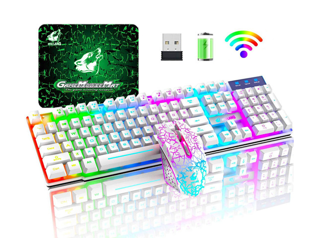 Wireless Gaming Keyboard and Mouse Set, Rainbow LED Backlit Rechargeable 4000mAh Battery Mechanical Feel Waterproof 7 Color Backlit Mice for...