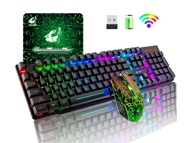 Wireless Gaming Keyboard and Mouse Set, Rainbow LED Backlit Rechargeable 4000mAh Battery Mechanical Feel Waterproof 7 Color Backlit Mice for...