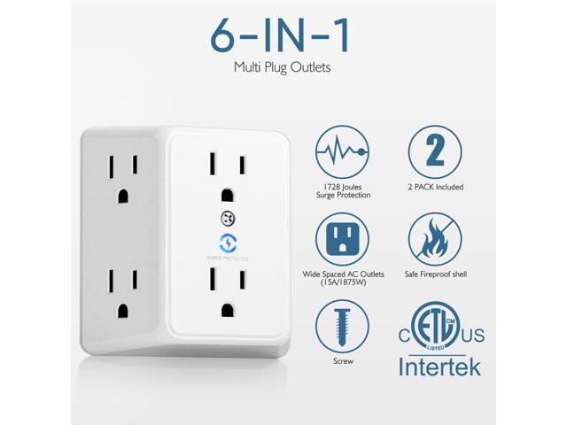 LENCENT Multi Plug 6 Outlet Extender, 2 Pack Surge Protector Wall tap, Power Strip 3-Side Widely Spaced Adapter Multiple Charger Expander,...