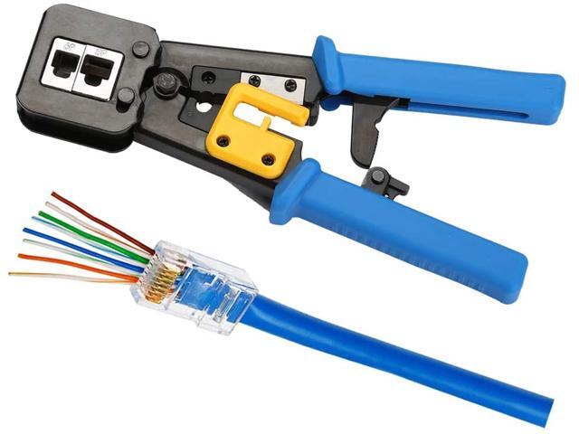 EZ RJ45 Crimp Tool Pass Through Cat5 Cat5e Cat6 Crimping Tool for RJ45/RJ12 Regular and End-Pass-Through Connectors with 50PCS CAT5 CAT5e...