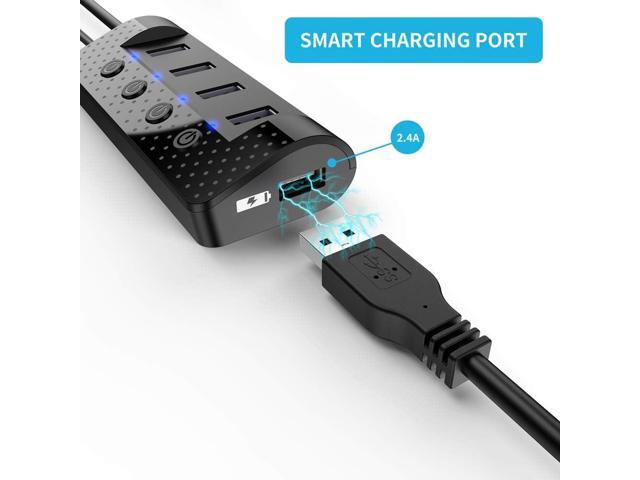 Powered USB Hub 3.0, USB Hub with 4 USB 3.0 Data Ports and 1 USB Smart Charging Port, USB Splitter with Individual Power Switches and 5V/3A Power...