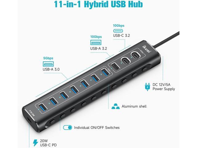 Powered USB Hub, 11-Port ikuai Hybrid USB 3.2/ USB C Hub with PD Charging Port and 60W Power Adapter, Aluminum USB Splitter Including 3 10Gbps...