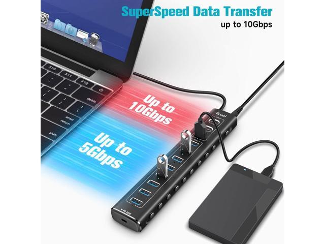 Powered USB Hub, 11-Port ikuai Hybrid USB 3.2/ USB C Hub with PD Charging Port and 60W Power Adapter, Aluminum USB Splitter Including 3 10Gbps...