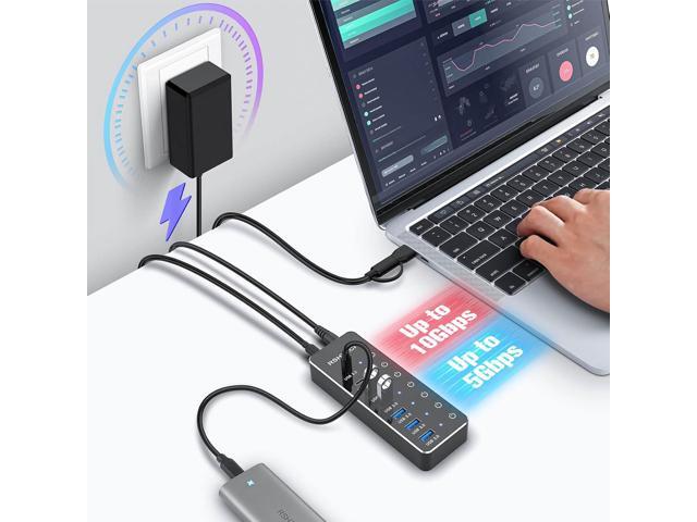 RSHTECH 7-Port Powered USB 3.2/USB C Hub with 10Gbps USB-A 3.2, 2 USB-C 3.2, 4 USB 3.0 Ports, Individual Touch Switches, 3.3ft Cable and 5V Power...