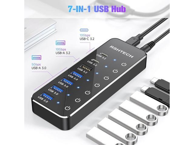 RSHTECH 7-Port Powered USB 3.2/USB C Hub with 10Gbps USB-A 3.2, 2 USB-C 3.2, 4 USB 3.0 Ports, Individual Touch Switches, 3.3ft Cable and 5V Power...