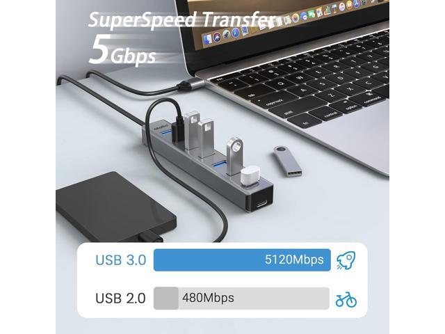 USB 3.0 hub, atolla 7-port multi USB aluminum hub, 1m extension cable USB Splitter, suitable for PC, laptop, Macbook Pro, etc.