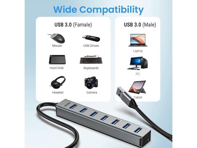 USB 3.0 hub, atolla 7-port multi USB aluminum hub, 1m extension cable USB Splitter, suitable for PC, laptop, Macbook Pro, etc.
