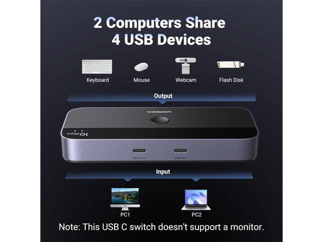 UGREEN USB C Switch 2 Computers Share 4 USB 3.2 Ports, 10Gbps USB Switcher Selector for PC Laptop Keyboard Mouse Webcam USB-Microphone, USB Switch...