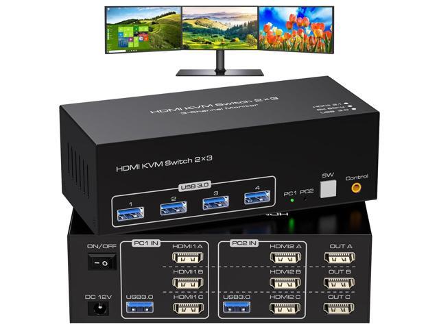 8K@60Hz HDMI KVM Switch 3 Monitors 2 Computers 4K@120Hz USB 3.0 KVM Switches Triple Monitor 2 Ports Share 1 Set of Keyboard Mouse Printer Scanner.