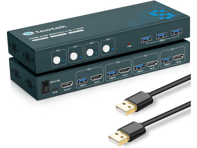 Kvm Switch Box for 4 Computers Share 1 Monitor, 4K@60Hz 4X1 KVM Switch with 3 USB 3.0 Ports, HDCP 2.2, Plug and Play, Button Switch, with 1 HDMI...