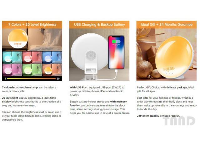 Wake-up lamp sunrise alarm clock, 7-color bedside night lamp, with sunrise sunset simulation, double alarm clock, snooze function, FM radio clock...