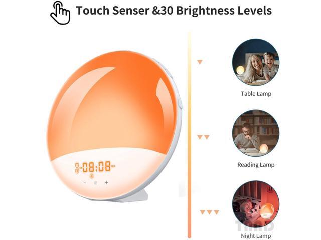 Wake-up lamp sunrise alarm clock, 7-color bedside night lamp, with sunrise sunset simulation, double alarm clock, snooze function, FM radio clock...