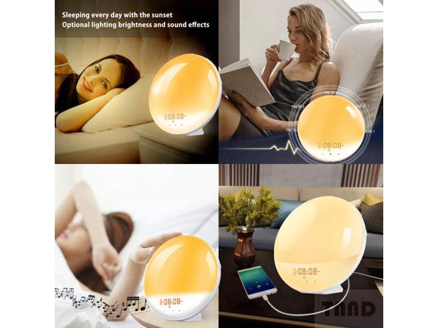 Wake-up lamp sunrise alarm clock, 7-color bedside night lamp, with sunrise sunset simulation, double alarm clock, snooze function, FM radio clock...