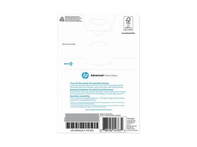 HP Advanced Photo Paper, Glossy, 65 lb, 4 x 6 in. (101 x 152 mm), 50 sheets F4T22A