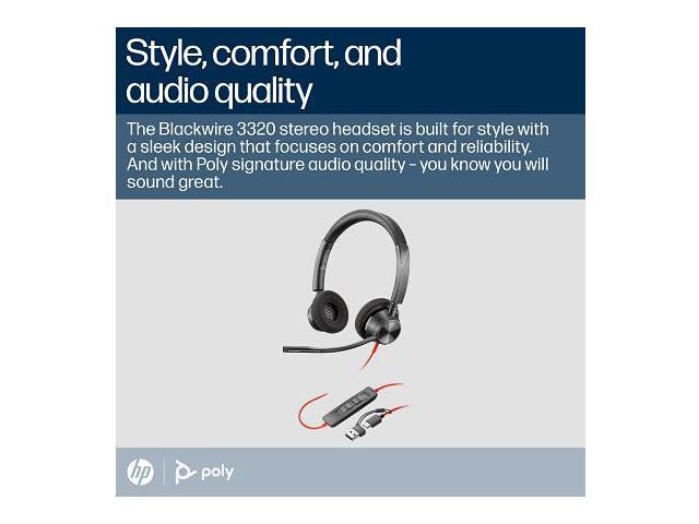 Poly Blackwire 3320 Stereo Microsoft Teams Certified USB-C Headset + USB-C/A Adapter - Microsoft Teams Certification - Stereo - USB Type C,...