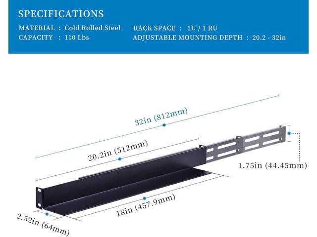 1U 4-Post Server Rack Rail, 20.2-32 Inch Adjustable Depth - 110lbs Capacity