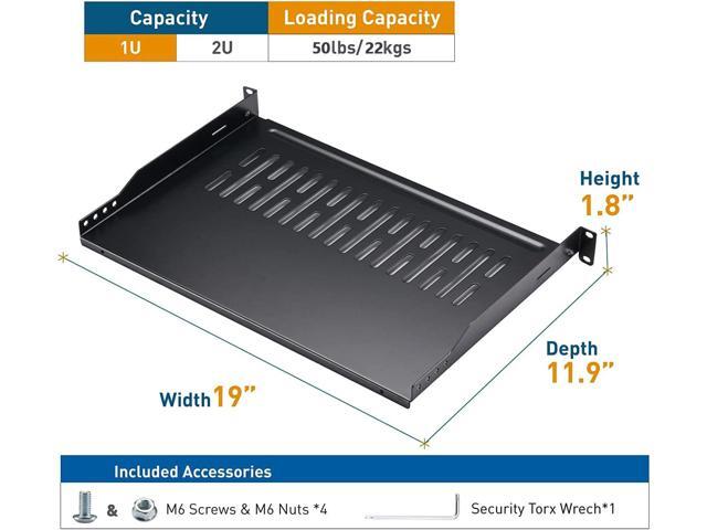Rack Shelf 1U Vented Server Rack Mount Cantilever Tray, 50 lbs, 12 inches Deep, Black