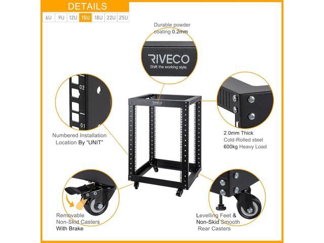 RIVECO 15U Server Rack Floor Standing Open Frame with Wheels- 19-inch 4 Post Quick Assembly AV Rack Network Heavy Duty Durable Black