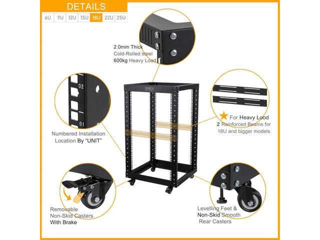 RIVECO 18U Open Frame Server Rack with Brake Casters- Heavy Duty 4 Post Quick Assembly 19-inch Rack Network Durable Black