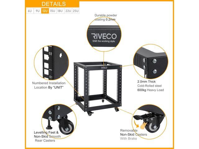 12U Server Rack Open Frame with Casters-RIVECO 4 Post Quick Assembly 19-inch, Data Rack Network Shelf Cabinet Heavy Duty Black