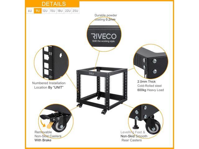 RIVECO 9U Open Frame Server Rack with Casters- Heavy Duty 4 Post Quick Assembly 19-inch, Stereo Rack Network Cabinet Black