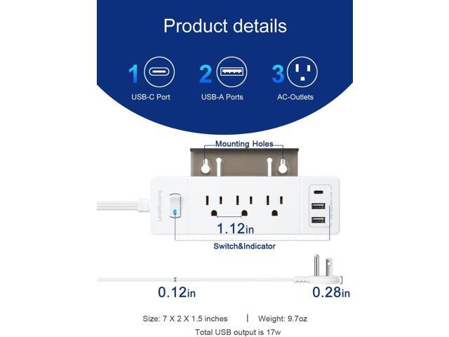1875W Power Strip Ultra-Flat Plug Extension Cord with USB C Ports, Surge Protector Power Strip with 3 USB 3 AC Outlet, Mountable Flat Extension...