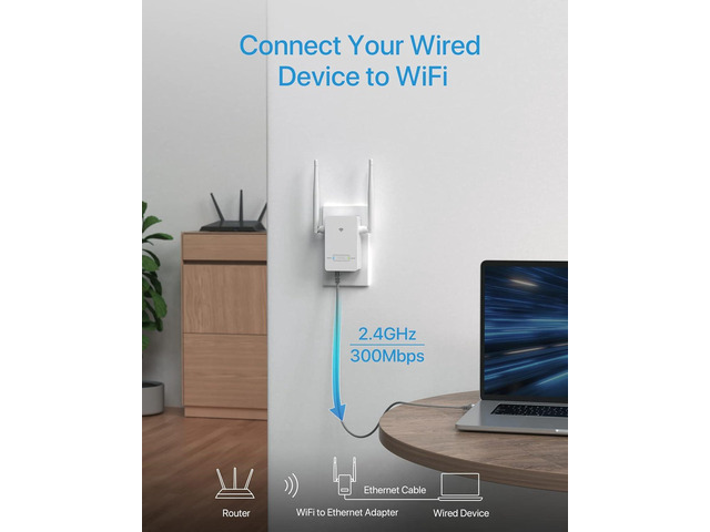BrosTrend Universal WiFi to Ethernet Adapter, 300Mbps on 2.4GHz, WiFi to Wired Converter Wireless Bridge with RJ45 Port for Printer, Smart TV,...