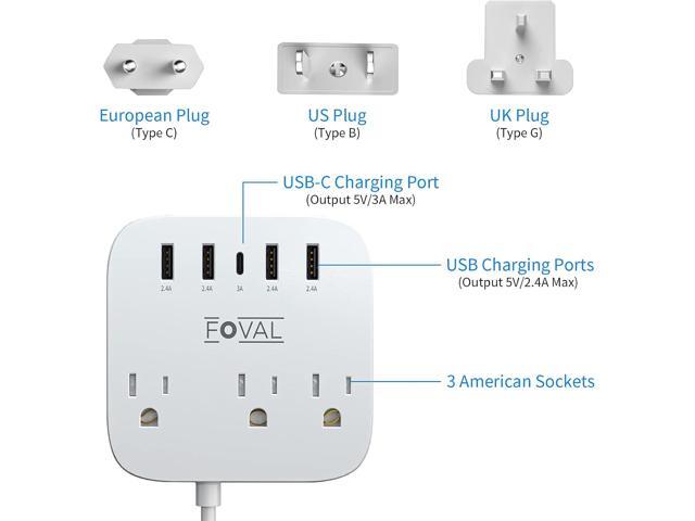 European Travel Plug Adapter, FOVAL EU UK US Power Strip with USB C and 4 USB Ports, 3 AC Outlets, Wall Mountable, 5ft Extension Cord, Compact for...